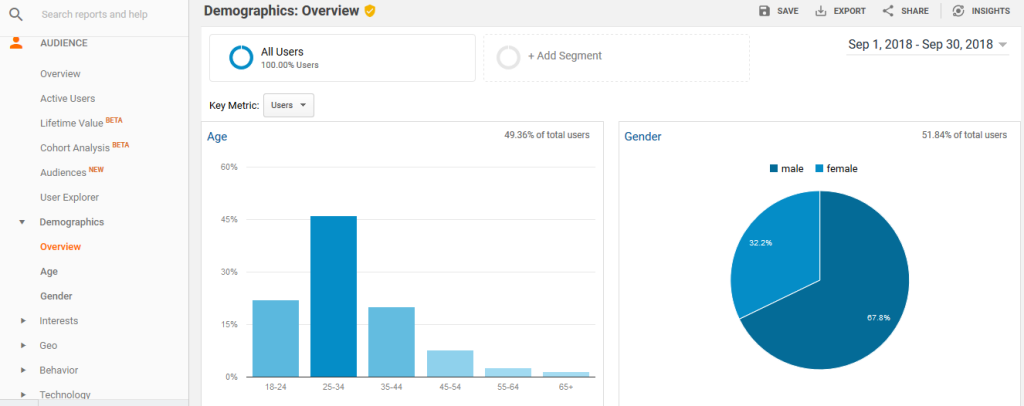 Google Analytics audience report showing demographic data breakdowns.