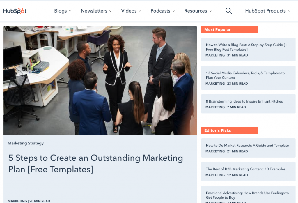 Top Content Marketing blog hubspot screen shot