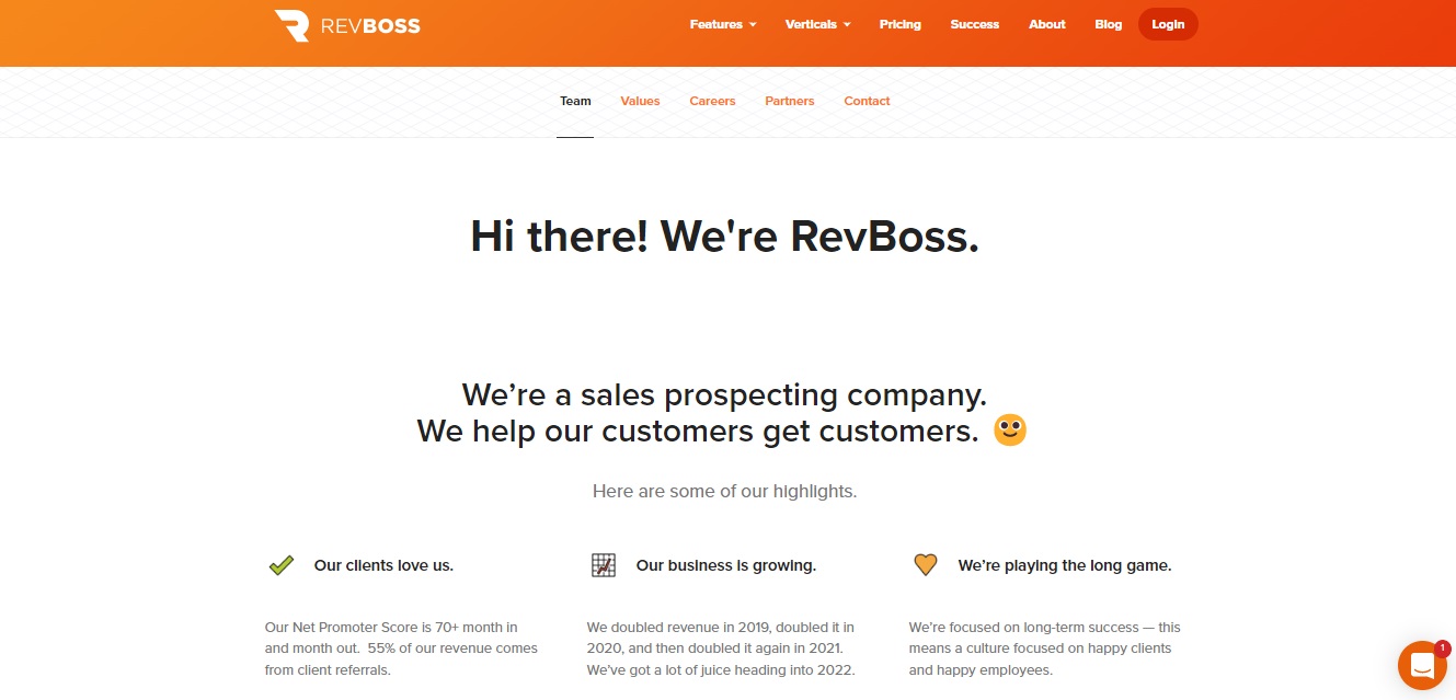 RevBoss optimizes their about page by making it personal and using a mini navigation bar to help web visitors quickly find the information they need.