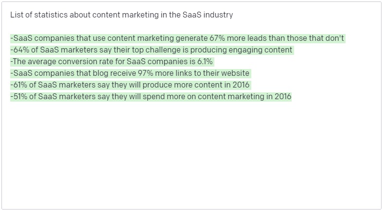 Statistics about content marketing in the SaaS industry generated by OpenAI’s GPT tool.