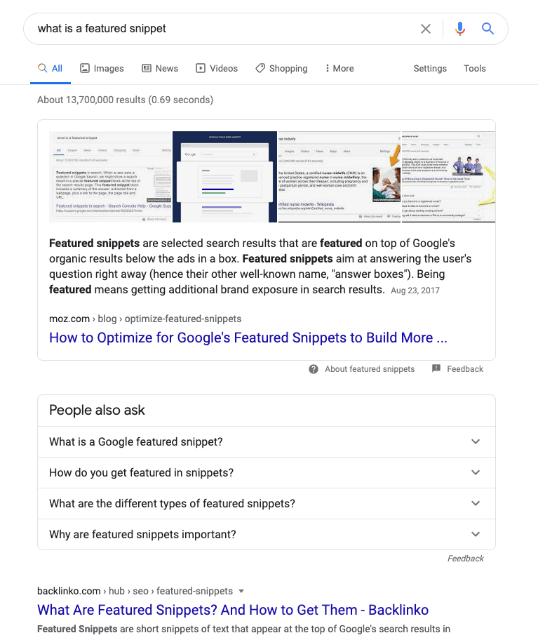 Search results for "what is a featured snippet?" show the value of including content marketing in your digital marketing mix in order to rank for #1 on Google.