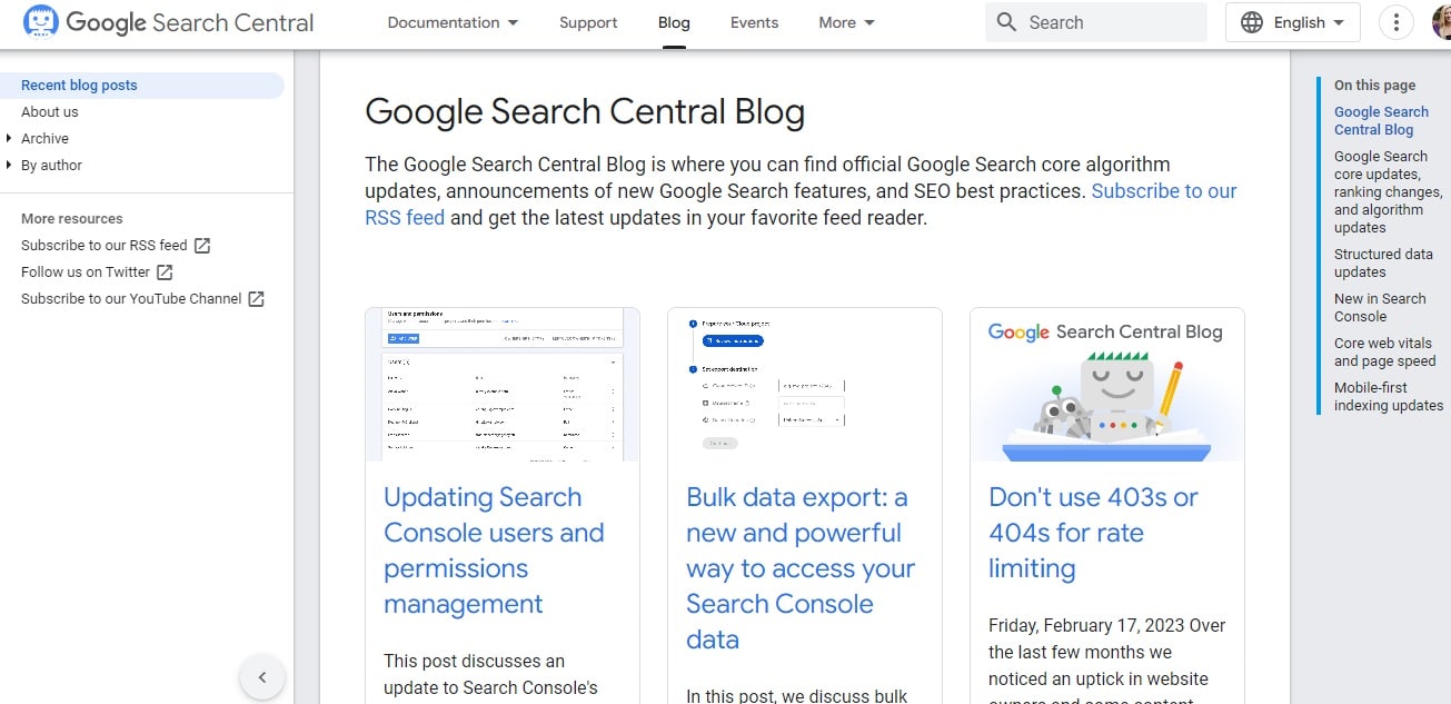 Screenshot of Google Search Central, the company’s blog and resource center for content marketers, developers, and SEO professionals.