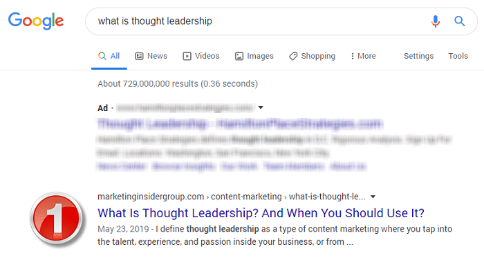 screenshot of google SERPs shows that Marketing Insider Group ranks #1 for thought leadership