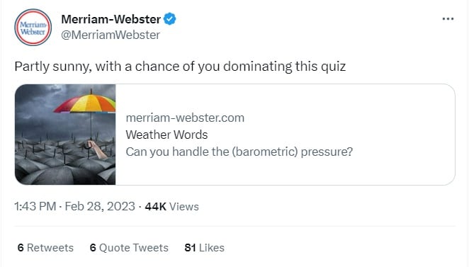 Screenshot of a Merriam-Webster tweet that shares a quiz on weather-related words.