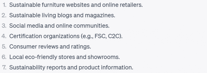 This screenshot shows the resources the eco-conscious buyer persona would consult before purchasing furniture.
