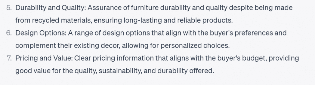 This screenshot shows more information the eco-conscious buyer persona would need before purchasing furniture.