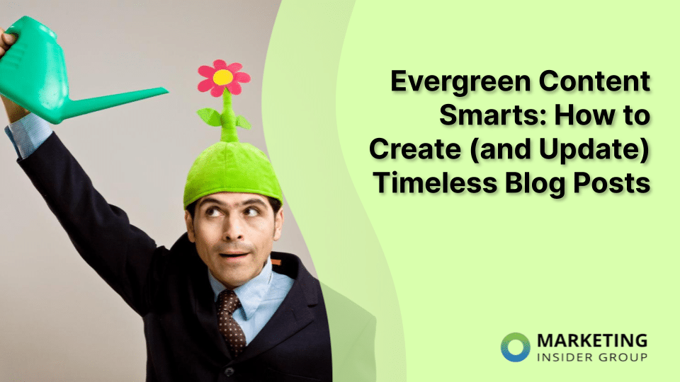 a business man wearing a flower hat, watering himself (and his mind) to create awesome evergreen content