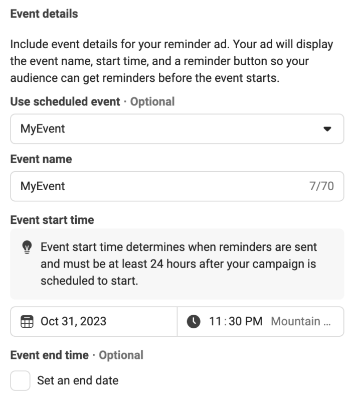 Reminders Ads Event Details