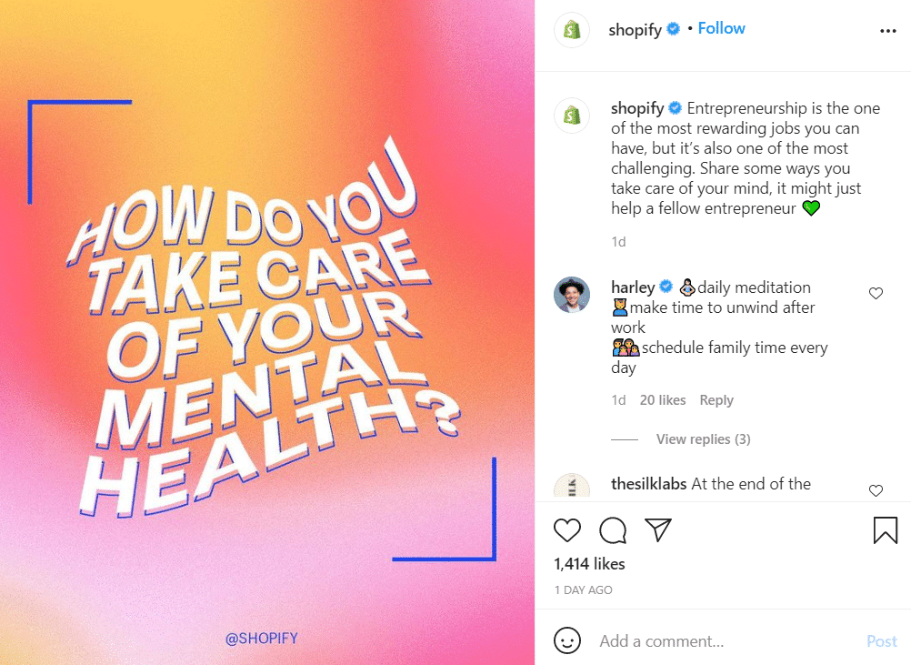 screenshot of Shopify’s instagram post promoting conversation around mental health